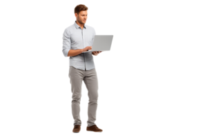 Man Using Laptop Isolated Standing on a Transparent Background for Editing Design png