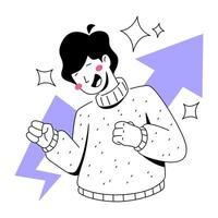 Triumph and Progress, An illustration depicts a person exuding pure elation, symbolizing accomplishment, set against the backdrop of a rising arrow and dynamic shapes. vector