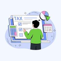 An illustrative depiction of tax filing, a man engaged in the intricate process, meticulously reviews the details on a computer screen. Alongside the screen, a calendar sits. vector