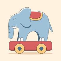 Playful Elephant Toy Illustration, A charming illustration of a blue elephant toy with a red and yellow cart. It evokes a sense of innocence and fun. vector