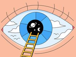 Cosmic Eye, A ladder leading to a cosmic sky seen through the iris of a human eye. This abstract illustration represents ambition, reaching for one's goals and dreams, looking beyond limitations vector