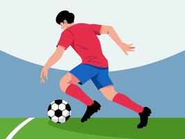 Soccer Player in Action, A dynamic illustration of a soccer player in a red and blue jersey dribbling the ball on a green field, capturing the energy and intensity of the sport vector