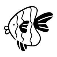 Whimsical Striped Fish Icon, A charming and playful cartoon illustration of a striped fish, rendered in a simple black and white style, perfect for use in design projects and playful communications. vector