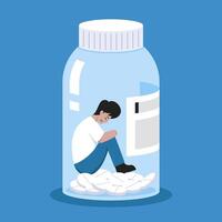 A poignant illustration depicts a person encapsulated within a medicine bottle, symbolizing isolation, depression, and mental health struggles. vector