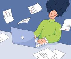 Illustration of a frustrated person grappling with overwhelming tax documents, surrounded by flying papers, symbolizing the stress and complexity of financial obligations. vector