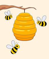 Honeycomb Haven, A charming illustration of a honeybee hive hanging from a branch, surrounded by three busy bees. The vibrant yellow and black colors bring a cheerful and playful touch vector