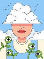 Cloud Mind, Surreal illustration of a woman's face partially obscured by a fluffy cloud, with whimsical green eyes sprouting from plants below, symbolizing dreams, imagination, or hidden thoughts. vector