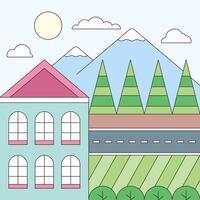 Geometric Townscape, A stylized illustration of a vibrant townscape featuring a charming house, majestic mountains, and a network of trees, embodying a sense of simplicity and harmony. vector