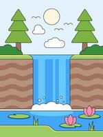 Waterfall Paradise, An idyllic landscape of a cascading waterfall surrounded by lush greenery, with stylized elements like trees, sun, clouds, and water lilies. vector