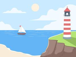 Coastal Beacon and Sailing, A serene coastal illustration features a striped lighthouse standing proudly on a cliff, overlooking a sailing boat in the calm sea, with a bright sun and fluffy clouds. vector