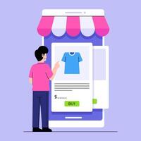 A man is choosing a product in an online marketplace using a smartphone Flat Illustration vector