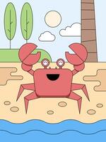 Cartoon Crab on the Shore, A cheerful cartoon crab enjoys a sunny day on a beach, featuring stylized trees, waves, and clouds in a minimalist style. vector