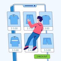 An illustration showcasing a person in an online apparel store. A modern digital environment for shopping and fashion. vector