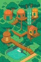 A charming illustration of a whimsical treehouse village nestled amongst lush greenery, the scene radiates a sense of playful serenity and invites viewers into a realm of imagination. vector