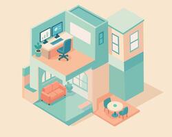 A captivating illustration offers a glimpse into a modern home, showcasing interconnected rooms and inviting spaces in isometric perspective. vector