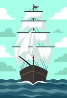 A majestic sailing ship with billowing white sails navigates the open sea under a tranquil sky. The ship appears to be a clipper or similar design, suggesting a journey of exploration and adventure. vector