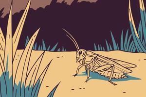 A cartoon grasshopper on the ground in the desert vector