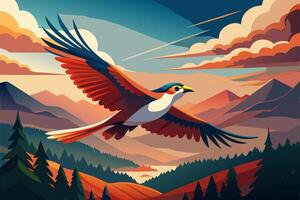 A colorful bird flying over a mountain range vector