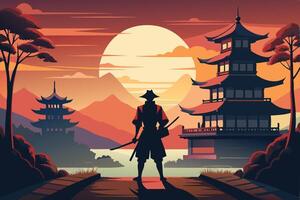 A man in a kimono stands in front of a pagoda vector