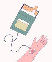 A conceptual illustration about health depicting the effects of nicotine. A creative illustration presenting a carton of cigarettes as an IV bag injecting into a person's arm. vector