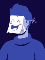 The poignant depiction of a figure concealing their true emotion behind a smiling mask, revealing the underlying sorrow in a striking illustration. vector