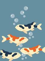 Vibrant koi fish swimming in tranquil water, each gracefully navigating the aquatic realm, with soft, gentle bubbles. vector
