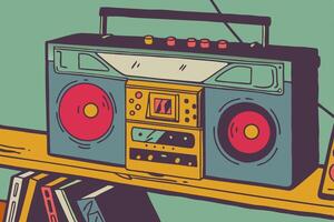 An old fashioned radio and books on a shelf vector