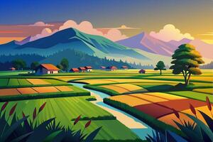 A cartoon illustration of a farm and mountains vector