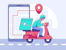 A vibrant illustration portrays a delivery person on a scooter, seamlessly navigating the cityscape, symbolizing fast and efficient service with the aid of a digital map and tracking system. vector