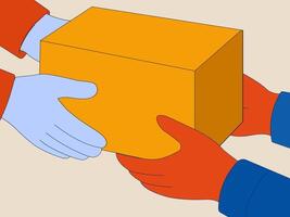 A collaborative gesture, hands passing an orange package, creating a symbolic exchange of value and connection. vector