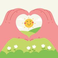 Two hands form a heart shape, framing a joyful sun over a verdant landscape filled with vibrant life and tranquility. Capturing themes of love, connection, and environmental harmony. vector