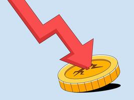 A powerful graphic visualizing a concept of financial decline as a bold red arrow crashes down towards a gold coin, illustrating economic downturn. vector