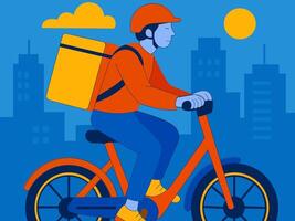 A delivery worker rides his bicycle through the city, efficiently transporting goods for the company. Capturing a scene of fast-paced convenience in a modern urban setting. vector