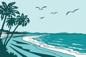 A beach scene with palm trees and seagulls vector