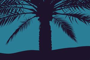 A palm tree is silhouetted against a blue sky vector