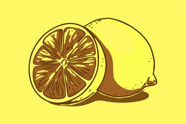 A lemon is cut in half on a yellow background