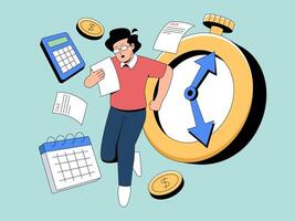 A person racing against the clock, amidst financial documents, coins, calendar and calculator with anxiousness in a flat style illustration. vector