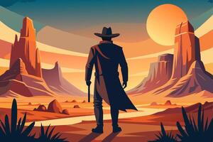 The man in the cowboy hat is standing in the desert vector