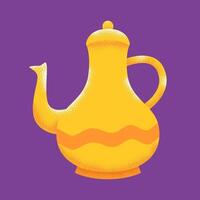 A stylized golden teapot with a textured surface and a decorative wave pattern against a vibrant purple background. vector