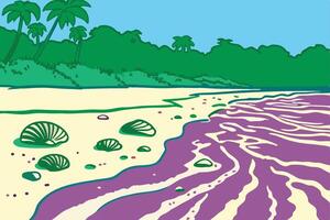A cartoon drawing of a beach with shells and palm trees vector