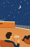 An illustration a romantic evening under a starlit sky on a ship, with two figures enjoying a movie and popcorn. vector
