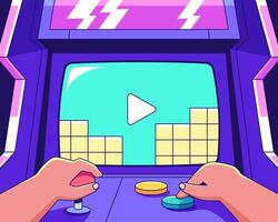 Retro Arcade Game Interface with Colorful Illustration, Capturing Nostalgia and Gaming Fun vector
