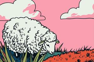 A cartoon sheep grazing in a field vector