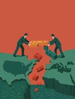 Two figures in suits collaborate to bridge the divide between two continents using building blocks in a visual metaphor. This photo represents teamwork and cooperation. vector