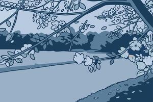 A drawing of a tree with flowers and a bench vector