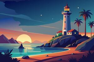 A lighthouse on the beach at sunset vector