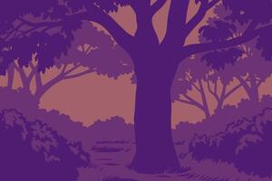 A purple background with trees and bushes vector