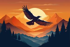 A bird flying over mountains and trees at sunset vector