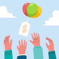 Colorful balloons with a dollar sign tag float upwards, symbolizing financial success and reaching for opportunities, while multiple hands reach towards them. vector