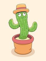Whimsical Cactus in Hat, A cheerful cactus with a friendly face and a stylish hat, sitting contentedly in a decorative pot, evokes a sense of playfulness and charm. Dancing Cactus Toy. vector